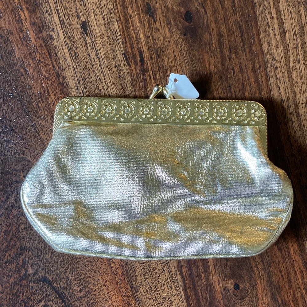 Vintage Gold Clutch Snaps Shut Flawless Condition Vinyl Plastic Lining SO Unique